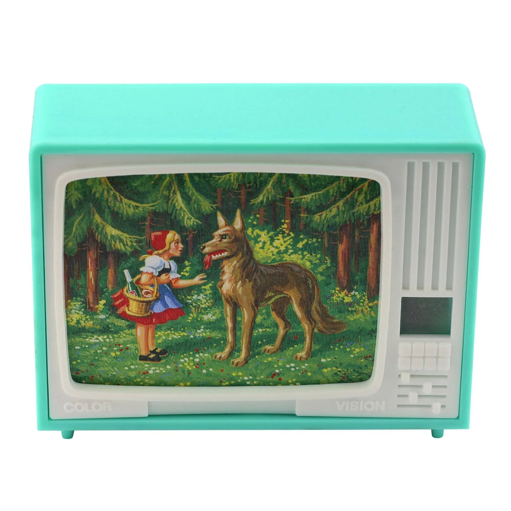 Uhr Klick-Fernsehen Rotkäppchen mechanisches Spielzeug mit Gehäuse aus Kunststoff und bedrucktem Bildstreifen als Tischdekoration