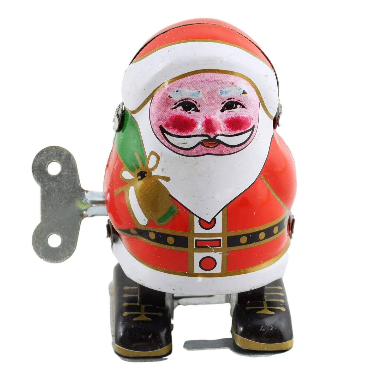 Plechový natahovací Santa ručně malovaná retro figurka s klíčem cca 8 cm vysoká viditelný mechanický natahovací mechanismus SKU BS0183