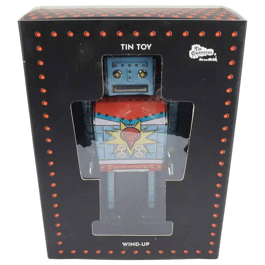 Altmodischer Blechroboter mit Aufziehwerk – Blau (BS0599-002) in Verpackung, nostalgisches Sammlerstück.