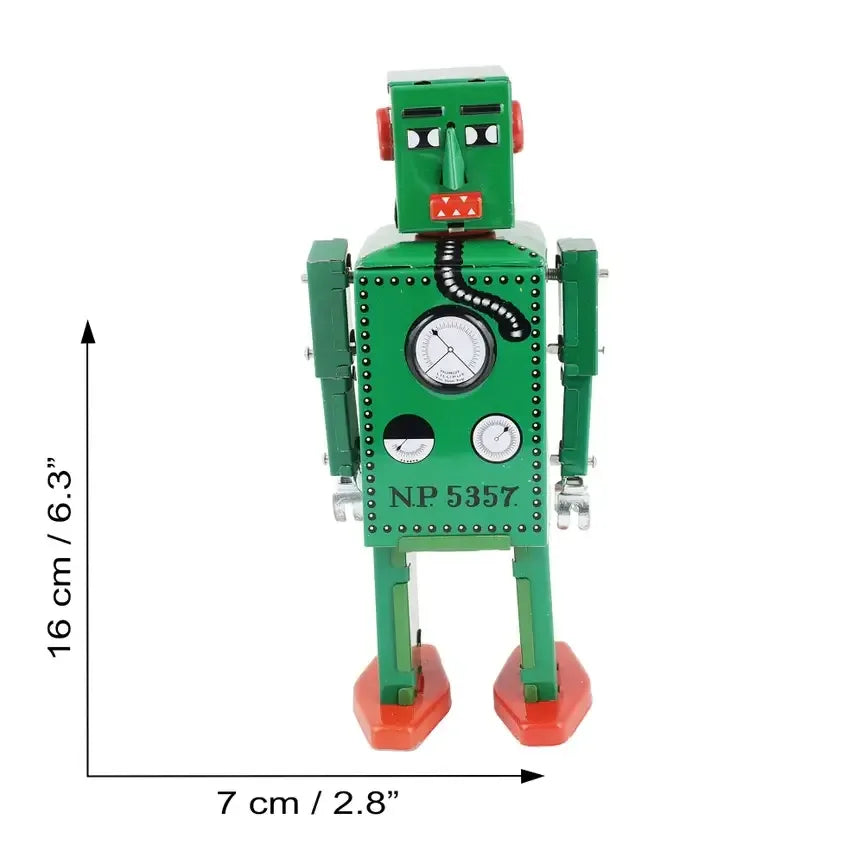 Retro bliklegetøjsrobot Lilliput grøn mekanisk håndmalet samlerfigur med nostalgisk design.