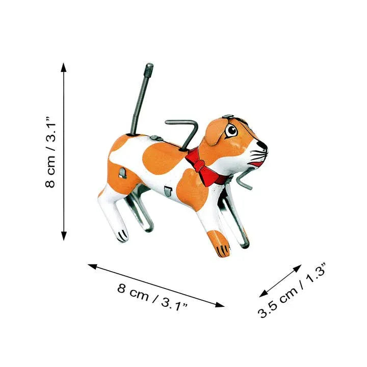 Altmodisches Blechspielzeug Hund mit Aufziehmechanik, von Hand bemalt, Sammlerstück; von Hand bemalter Metallhund mit beweglichen Ohren.