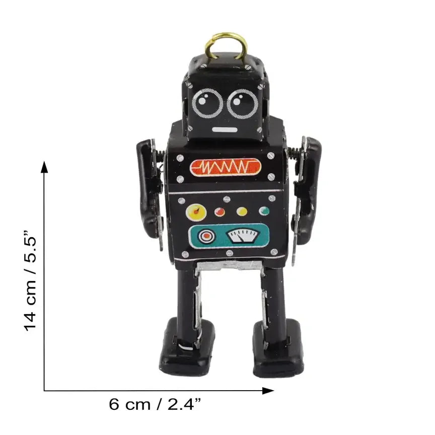 Retro-Blechspielzeug Mini-Roboterfigur Schwarz für Sammler und Zierde, detailreiche Bemalung und altmodisches Aussehen.