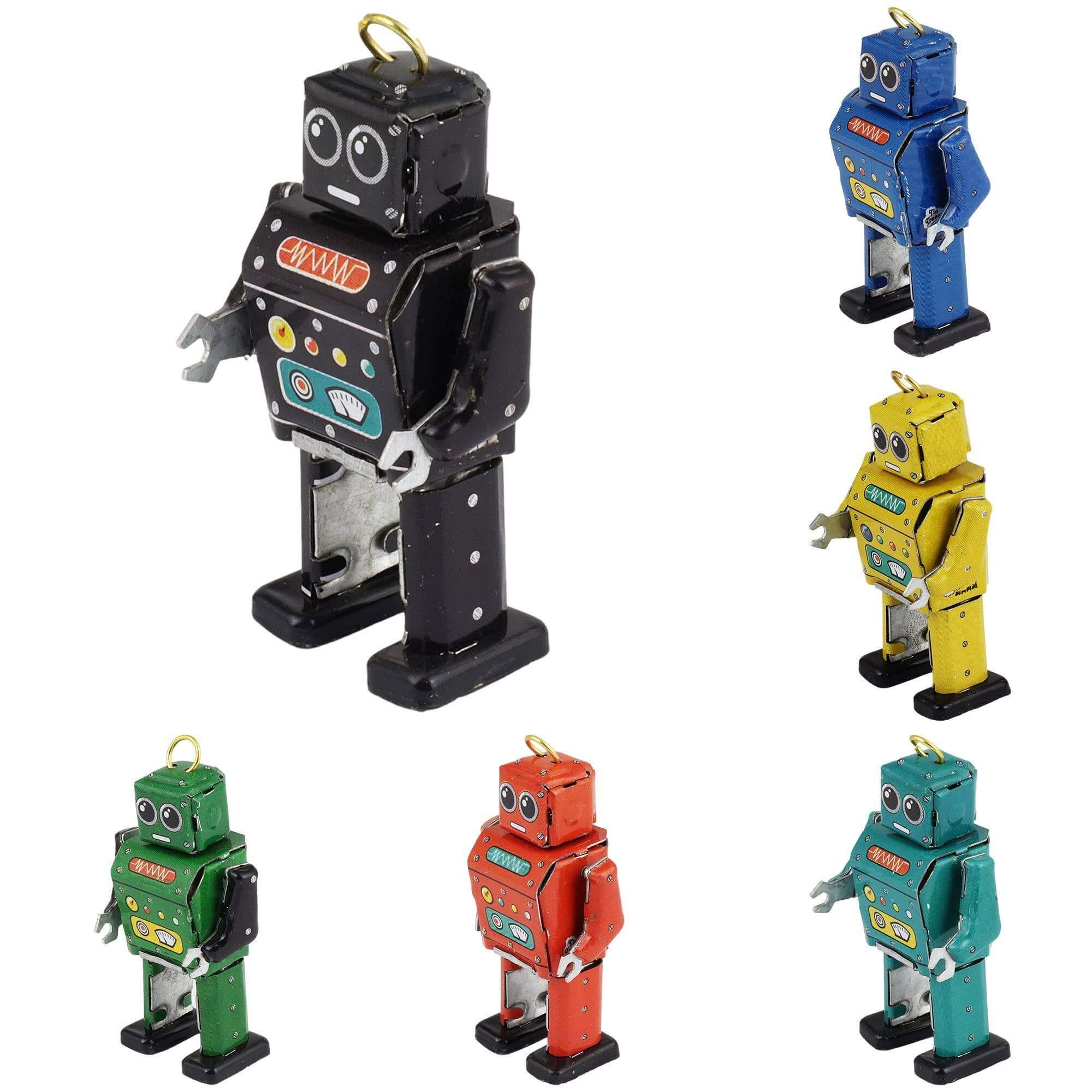 Retro bliklegetøjsrobotter 6-pak mini figurer dekorative nostalgiske, forskellige farver, nostalgiske detaljer.
