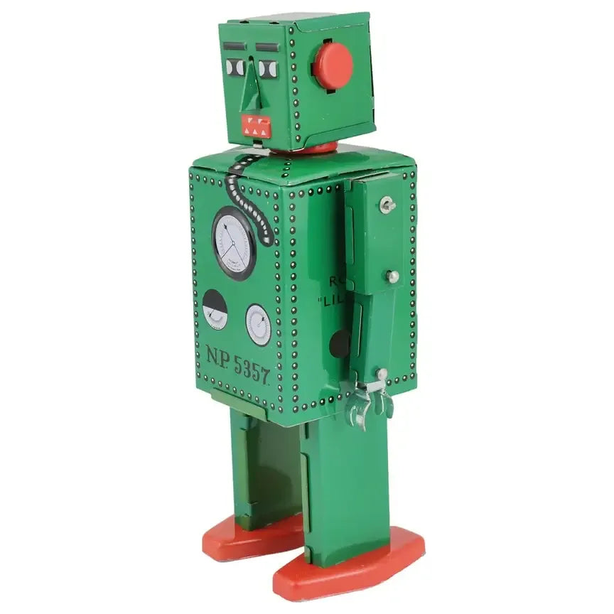 Retro bliklegetøjsrobot Lilliput grøn mekanisk håndmalet samlerfigur stående set fra siden i nostalgisk design.