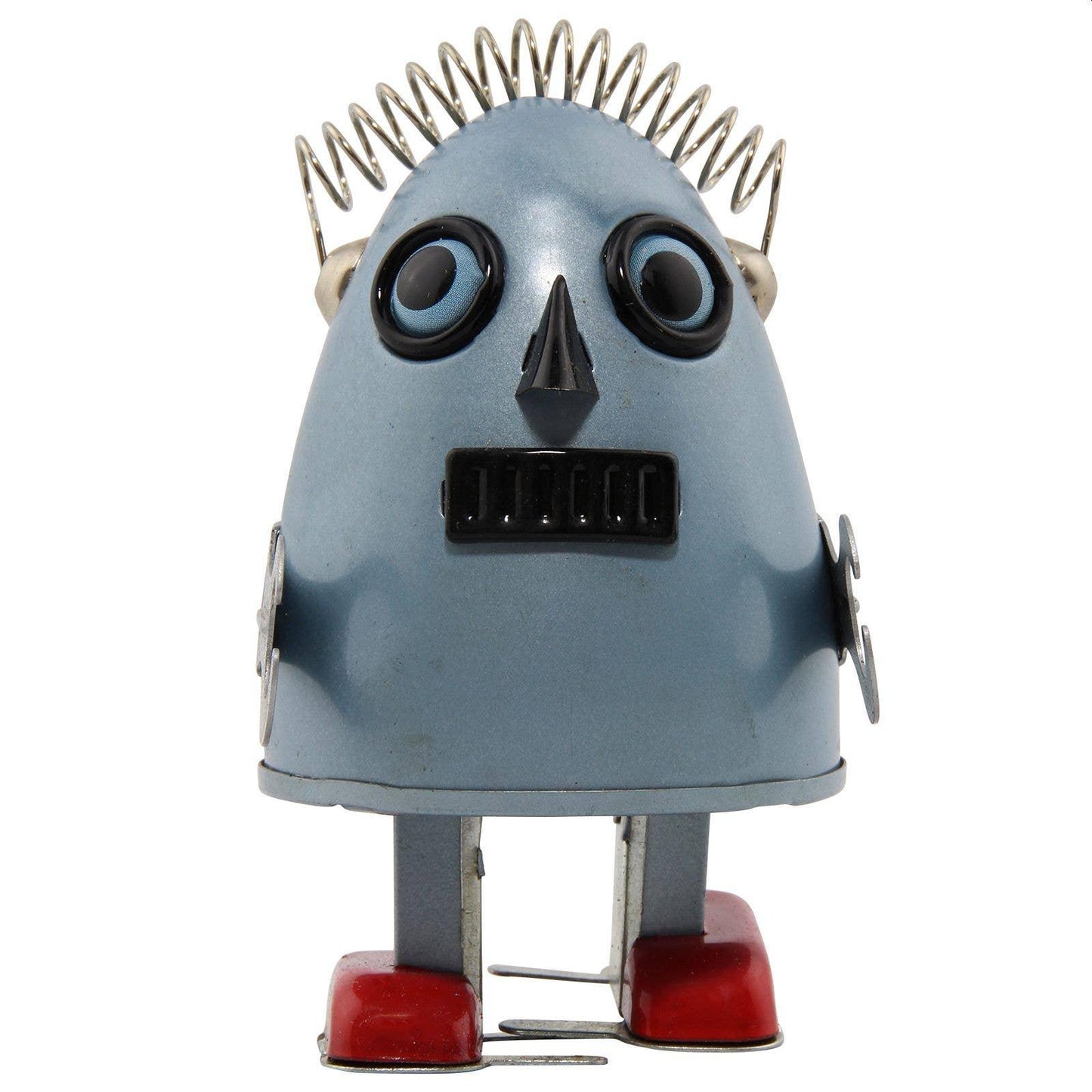 Huevo robot de hojalata plateado, juguete de cuerda con llave, pieza de colección en estilo retro nostálgico.