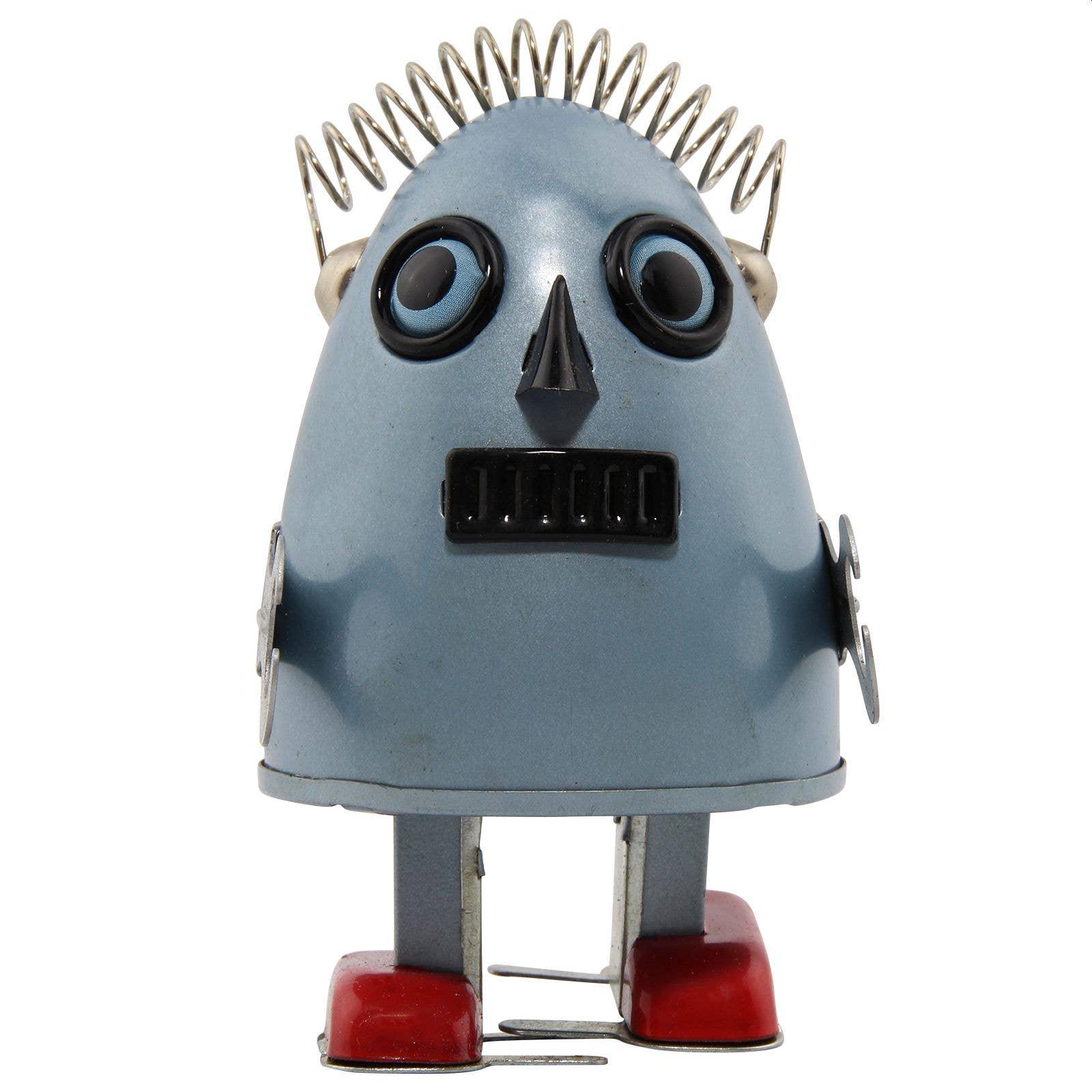 Huevo robot de hojalata plateado, juguete de cuerda con llave, pieza de colección en estilo retro nostálgico.