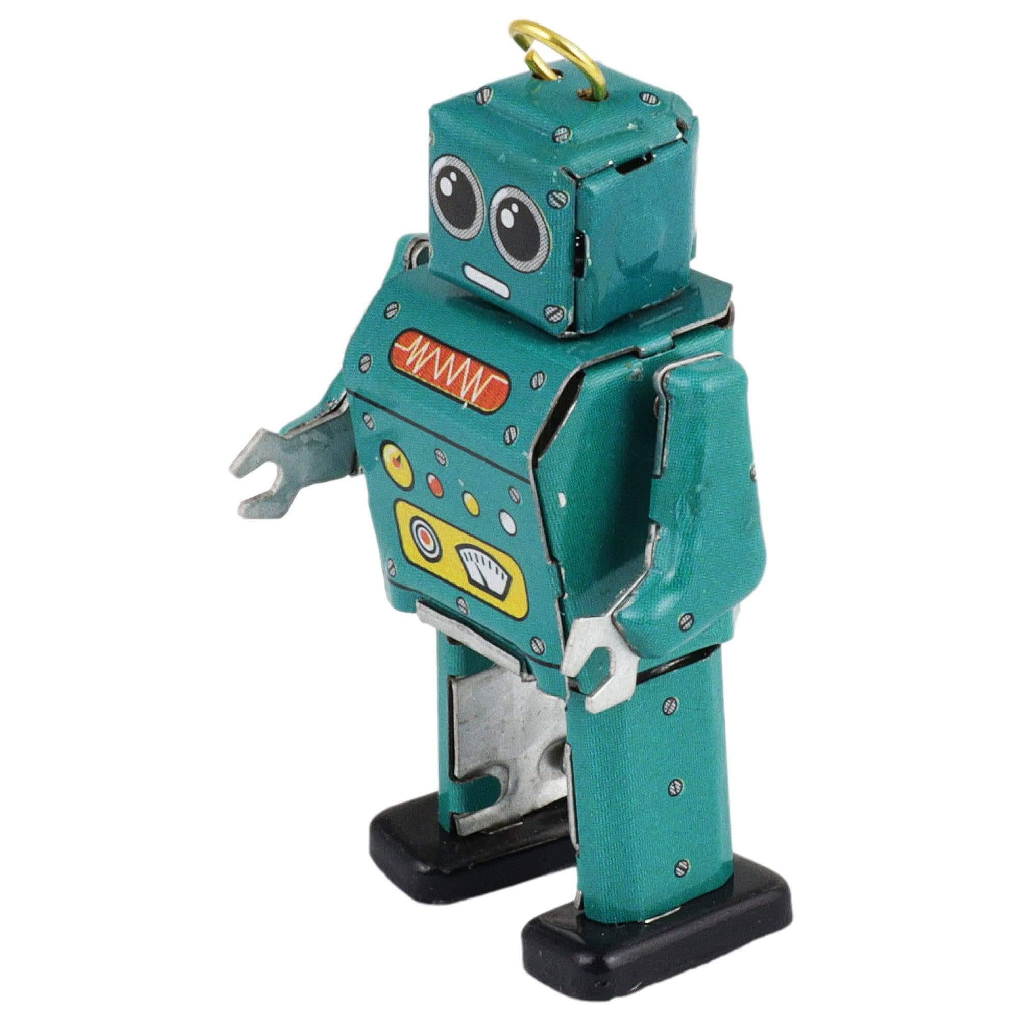 Türkisfarbener Zinnroboter Mini-Sammlerfigur im altmodischen Stil, schmückend für Regal oder Tisch, auf weißem Hintergrund.