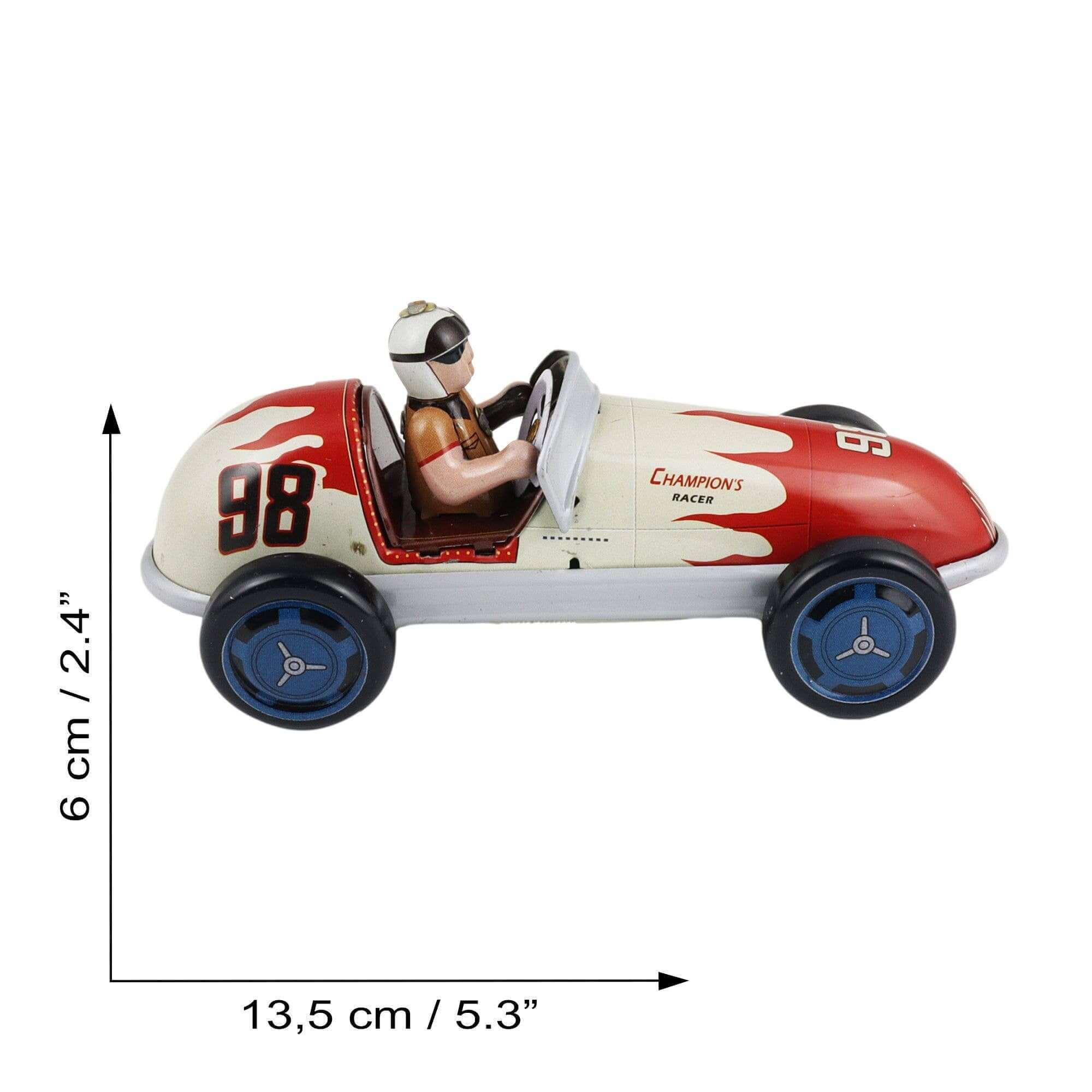 Klassisches Blechrennauto grau-rot, altmodischer Rennwagen aus Metall, Sammlerstück, Miniatur mit Fahrer und Flammenmuster.
