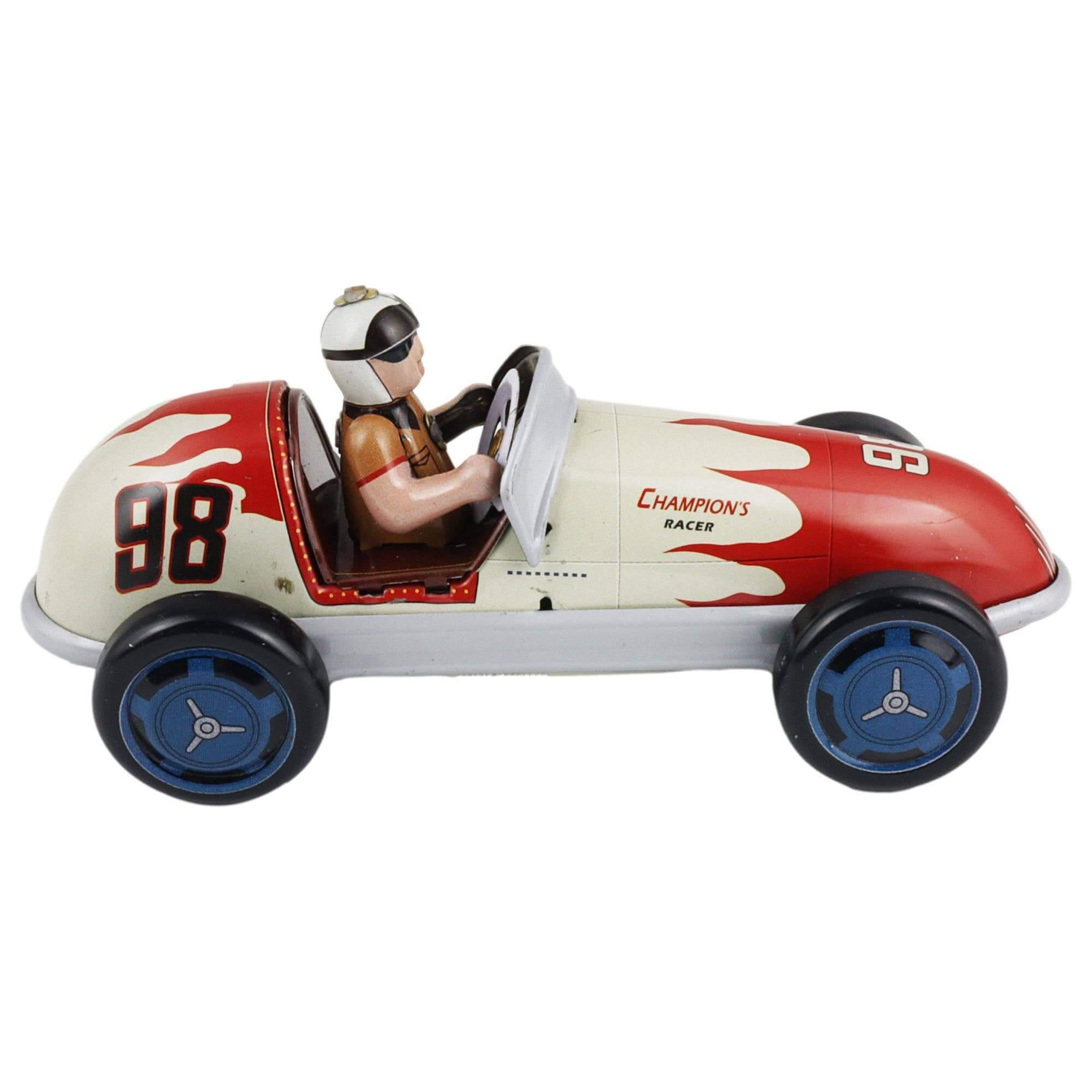 Klassisches Blechrennauto grau-rot, altmodischer Rennwagen aus Metall, Sammlerstück, Miniatur in detailreicher Seitenansicht.