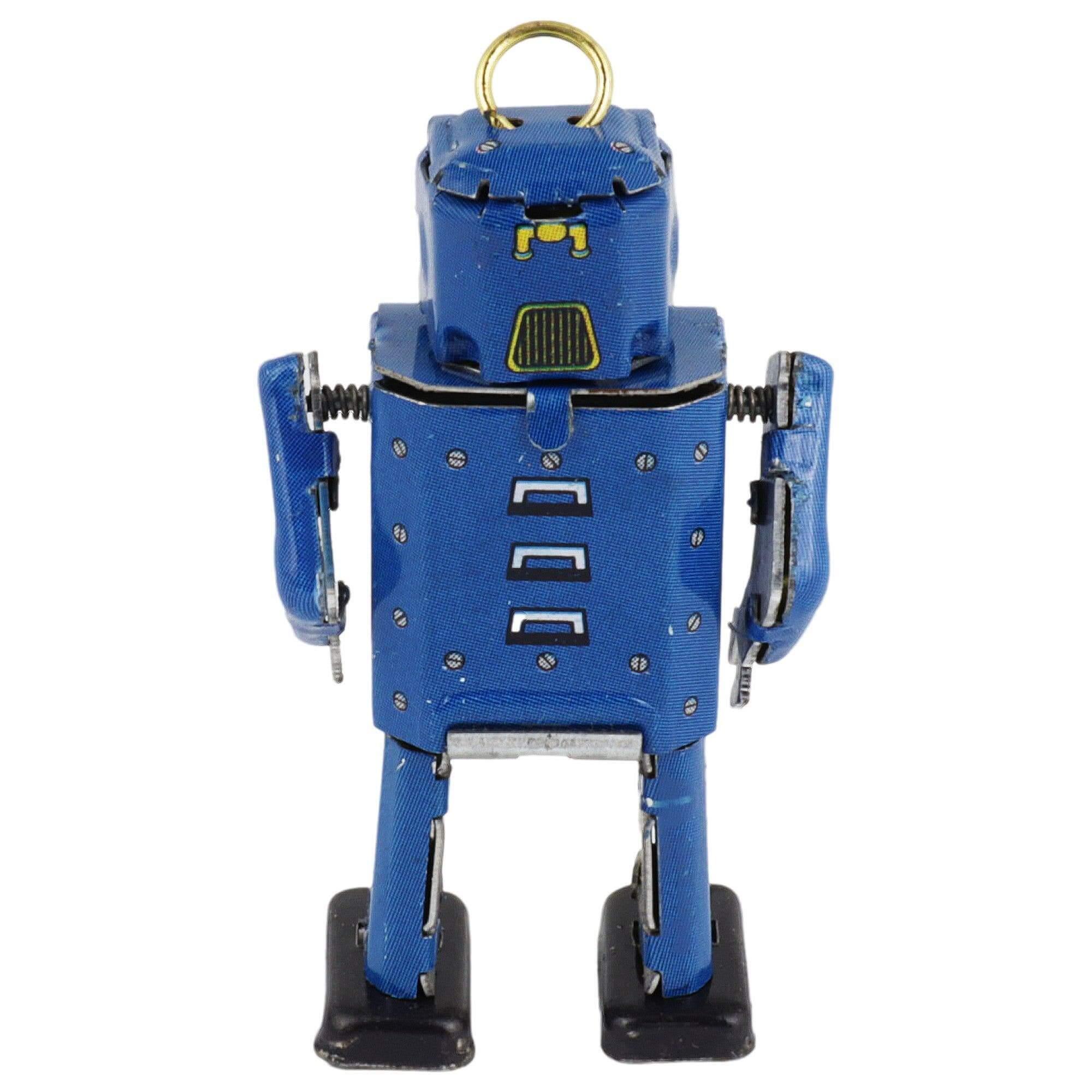 Klassische Blechroboter Miniaturfigur Blau Altes Metallspielzeug Sammlerstück, von Hand gefertigt und aus stabilem Metall.