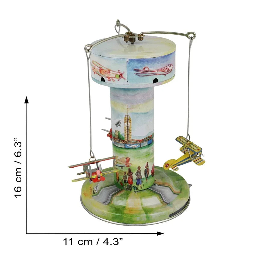 Régi fémjáték körhinta repülőgépekkel, kézzel festett, mechanikus, 3 repülőgéppel, nosztalgikus gyűjtői darab.