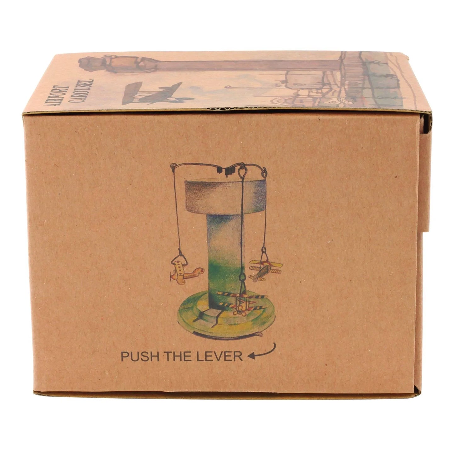 Starobylý plechový kolotoč s letadly, ručně malovaný, mechanický, 3 letadla, balení s návodem